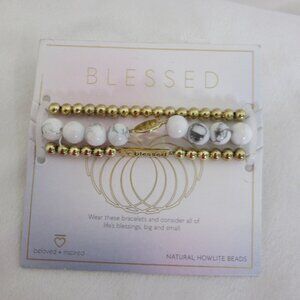 beloved + inspired Blessed Bracelet Set Natural Howlite Beads Gold Cross Stretch